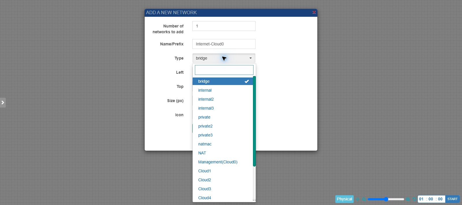 PNETLab network form showing a network configured as Management Cloud0