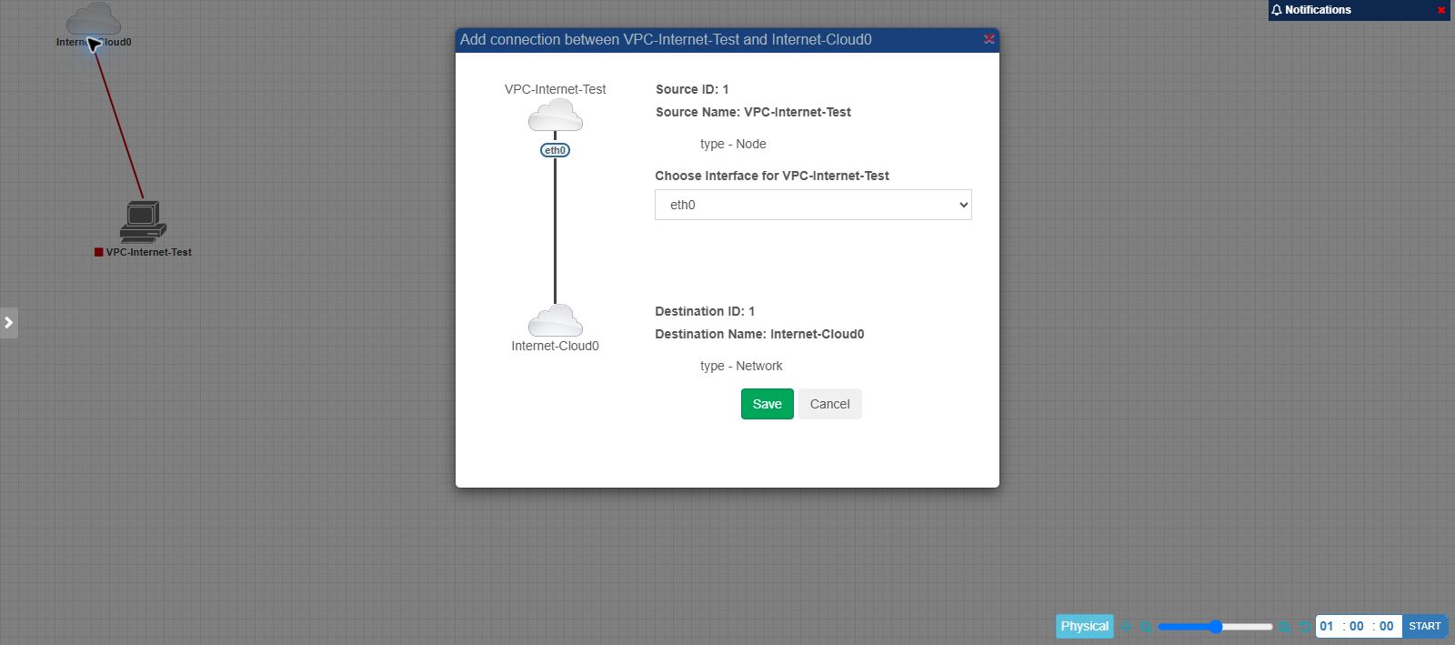 PNETLab connection form showing the node connected to the Cloud0 network