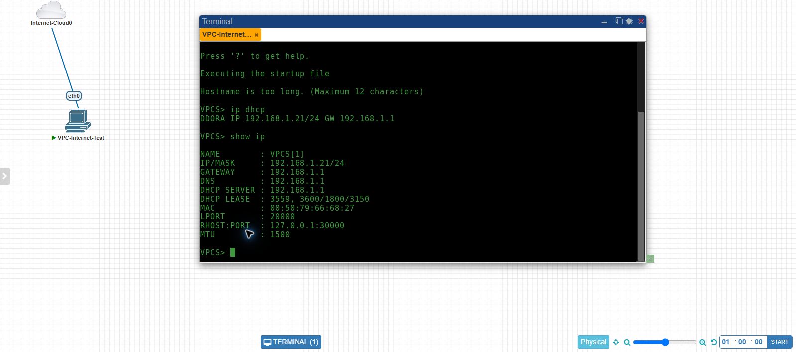 VPCS console showing the live DHCP address, gateway, DNS server, and DHCP server