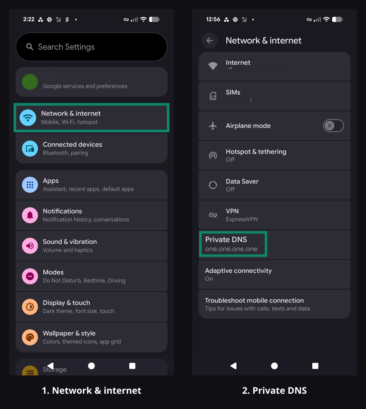 Real Android Settings screens showing Network and internet and the Private DNS entry