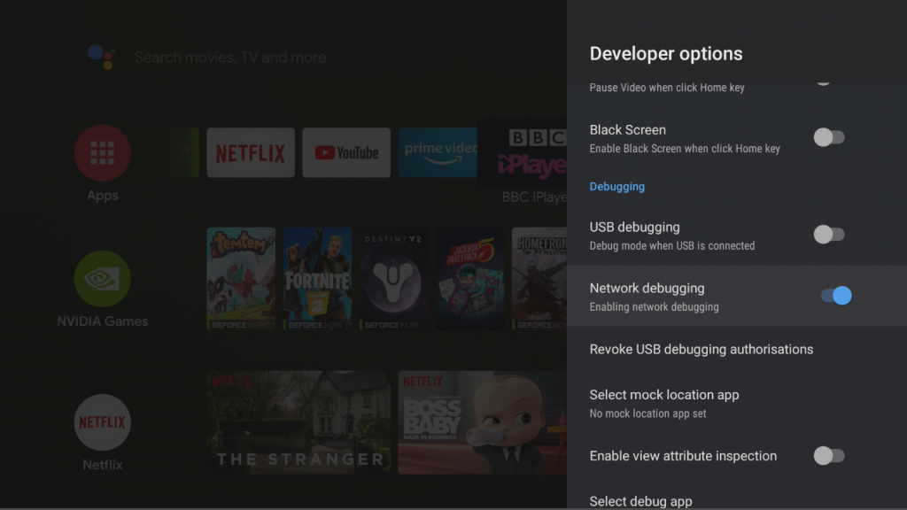 Real NVIDIA Shield Developer options screen with Network debugging enabled