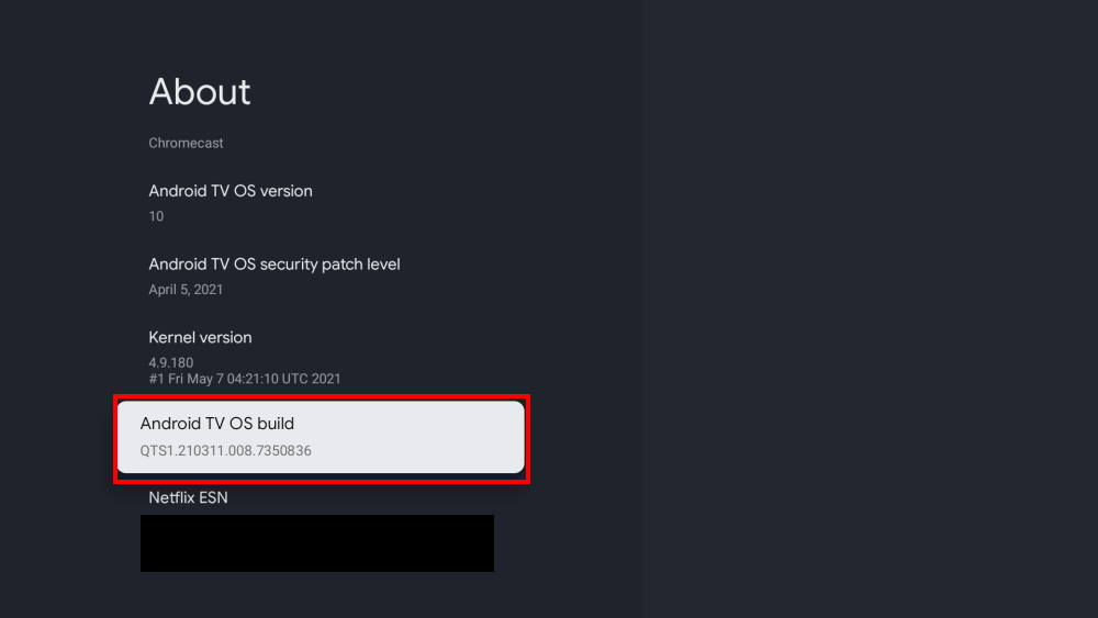 Real Google TV About screen with Android TV OS build selected