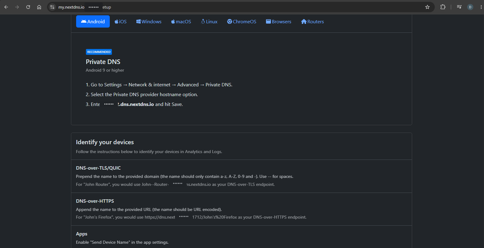 Real NextDNS Android Setup page showing where to find the Private DNS hostname
