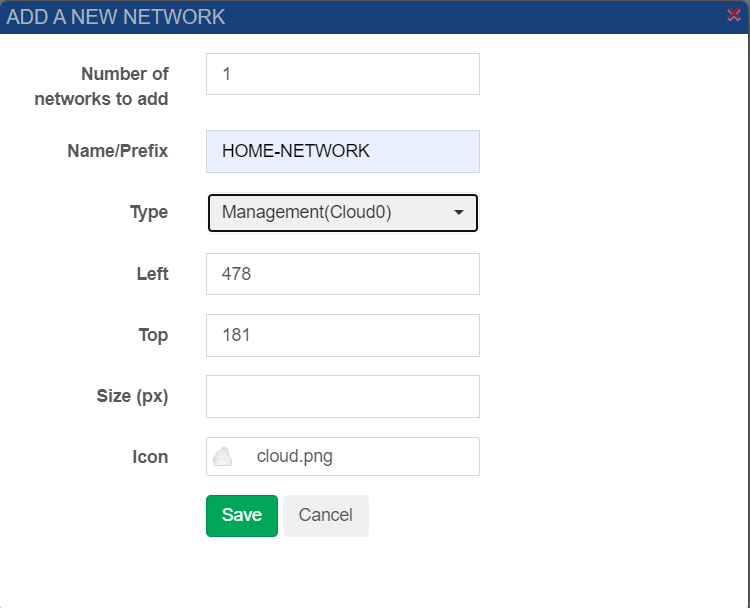 PNETLab Add a New Network window configured with HOME-NETWORK and Management Cloud0
